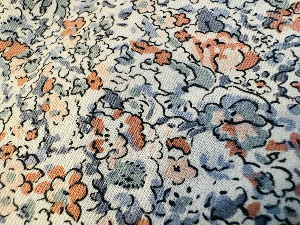VTG 60s Ditzy Gray Blue Coral Cream Packed Floral Lt Cotton Fabric 1/2Yd 40″ W