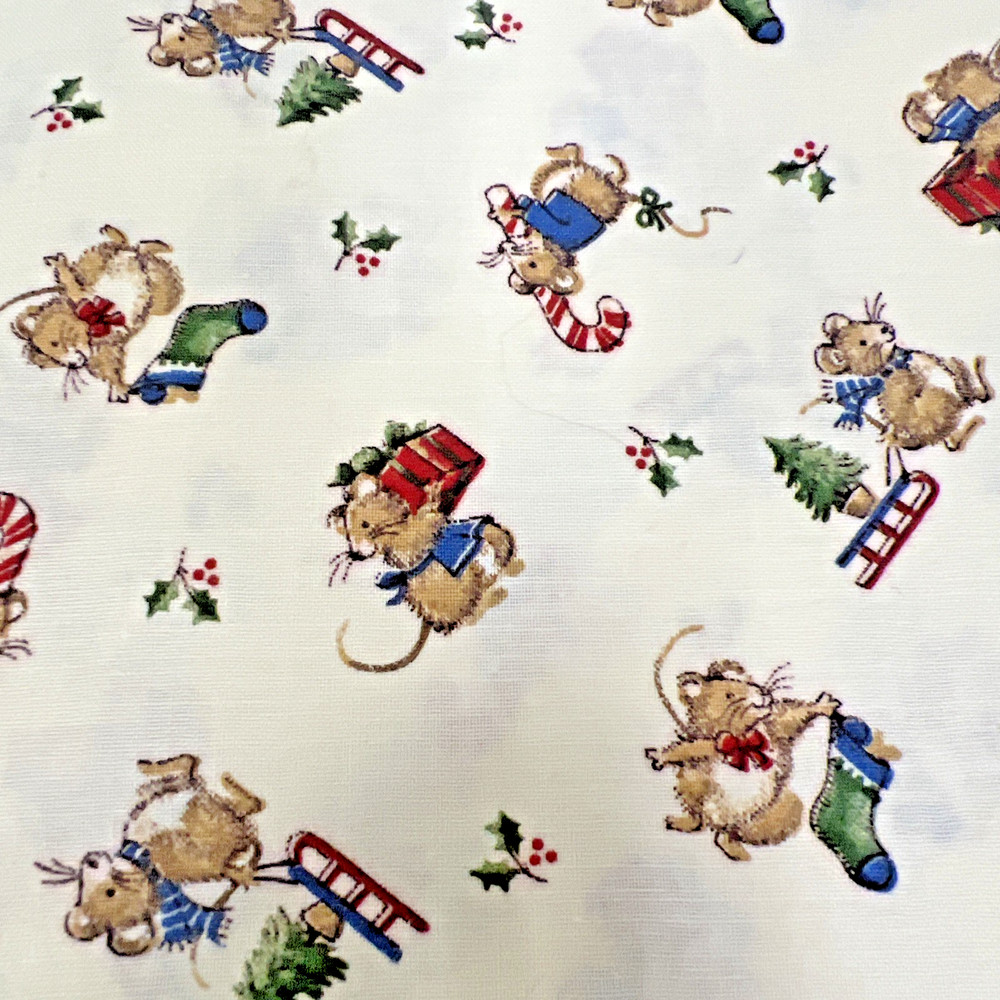 Christmas Mice Print Fabric Hanging Stockings Pulling Sled Candy Cane 39″ x 43″