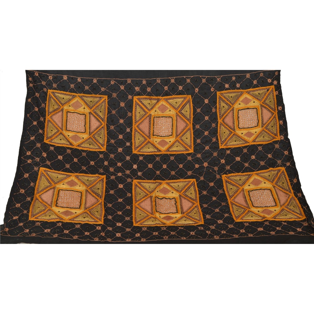 Sanskriti Vintage Pallu Fabric Pure Silk Hand Beaded Black Decor Craft 44X46