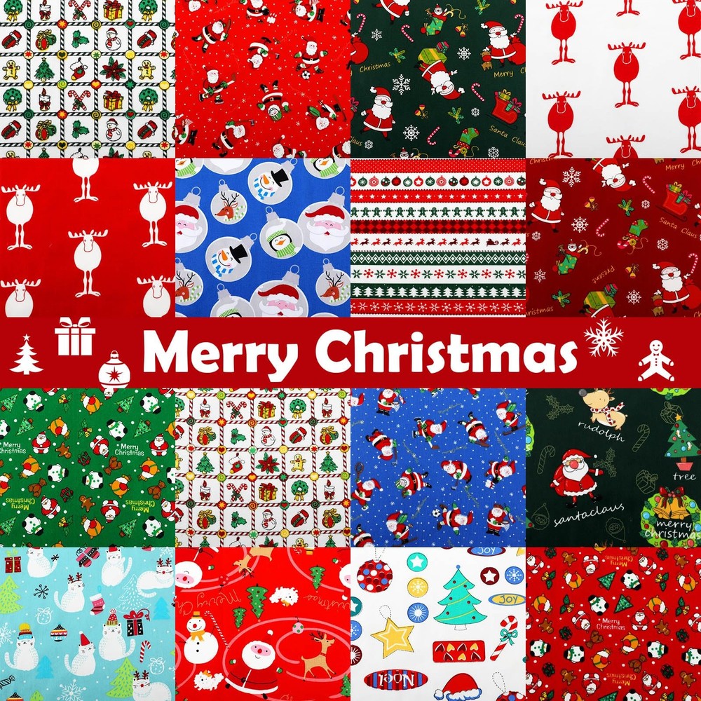 16 Pieces Winter Fat Fabric Bundle Quarters Snowman Snowflake Patterned Cotto…