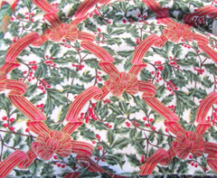 Christmas Holiday Cotton Fabric Red Ribbons with Green Holly 42″ wide 40″ long