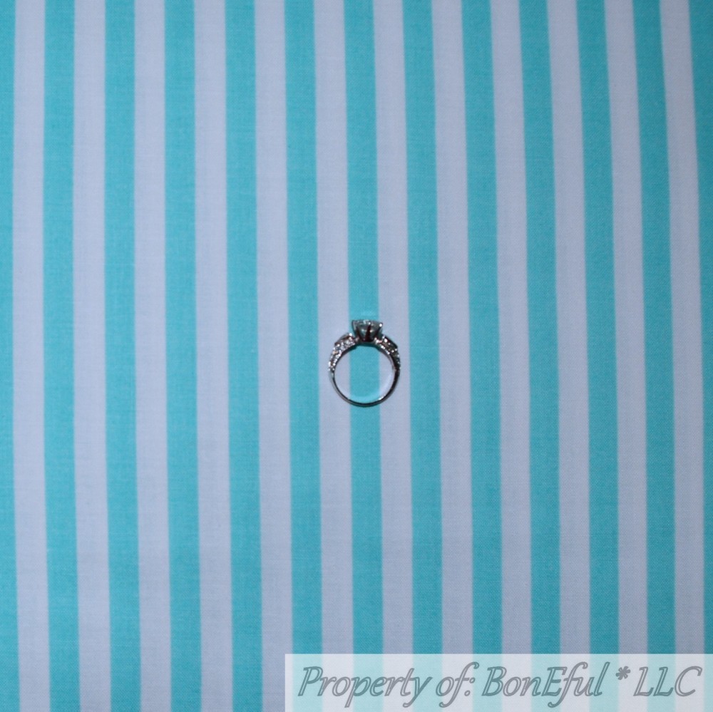 BonEful FABRIC FQ Cotton Quilt White Aqua Blue Teal Green Light Stripe Baby Room