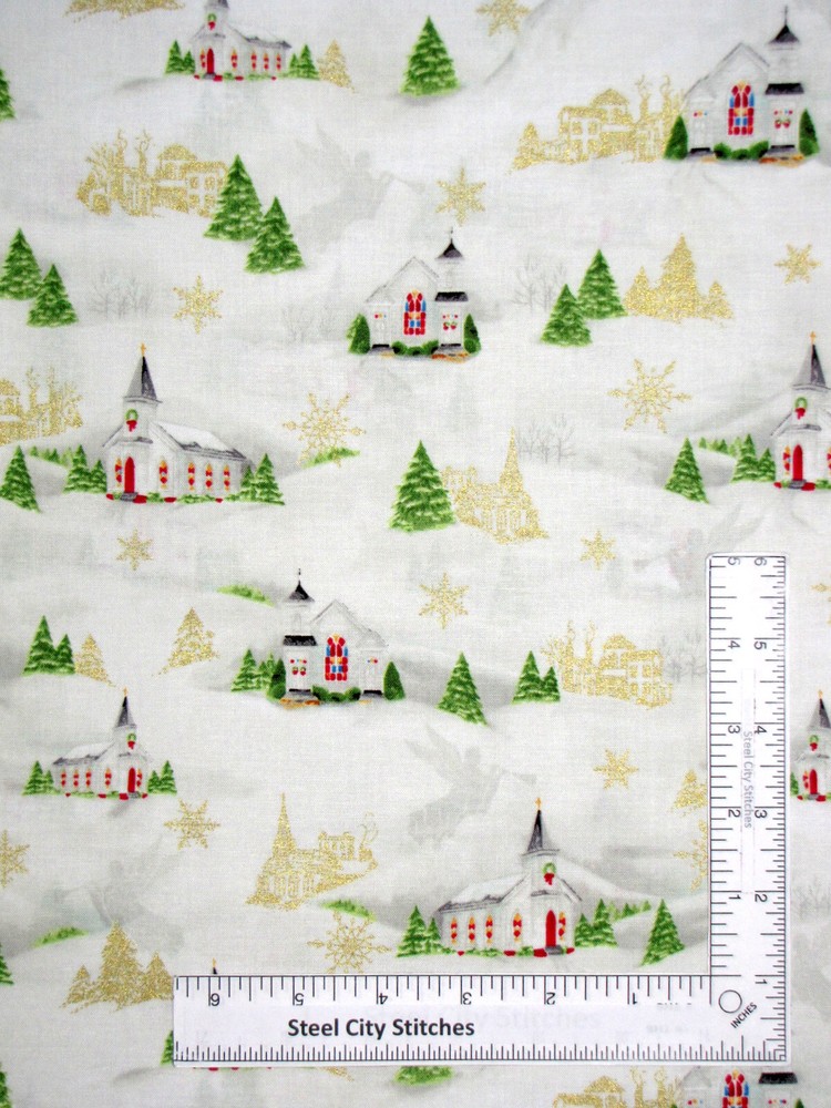 Christmas Church Fabric Holiday Chimes Snow Cotton Fabric P&B Textiles By Yard
