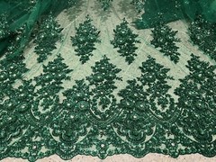 Green Heavy Beaded Sequin Rhinestones Embroidery Lace Fabric 50” Width 1 Yard
