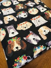 Super Snuggle Flannel Fabric Dogs w Flower Halo Wreaths on Black BTHY 42″W PUPS
