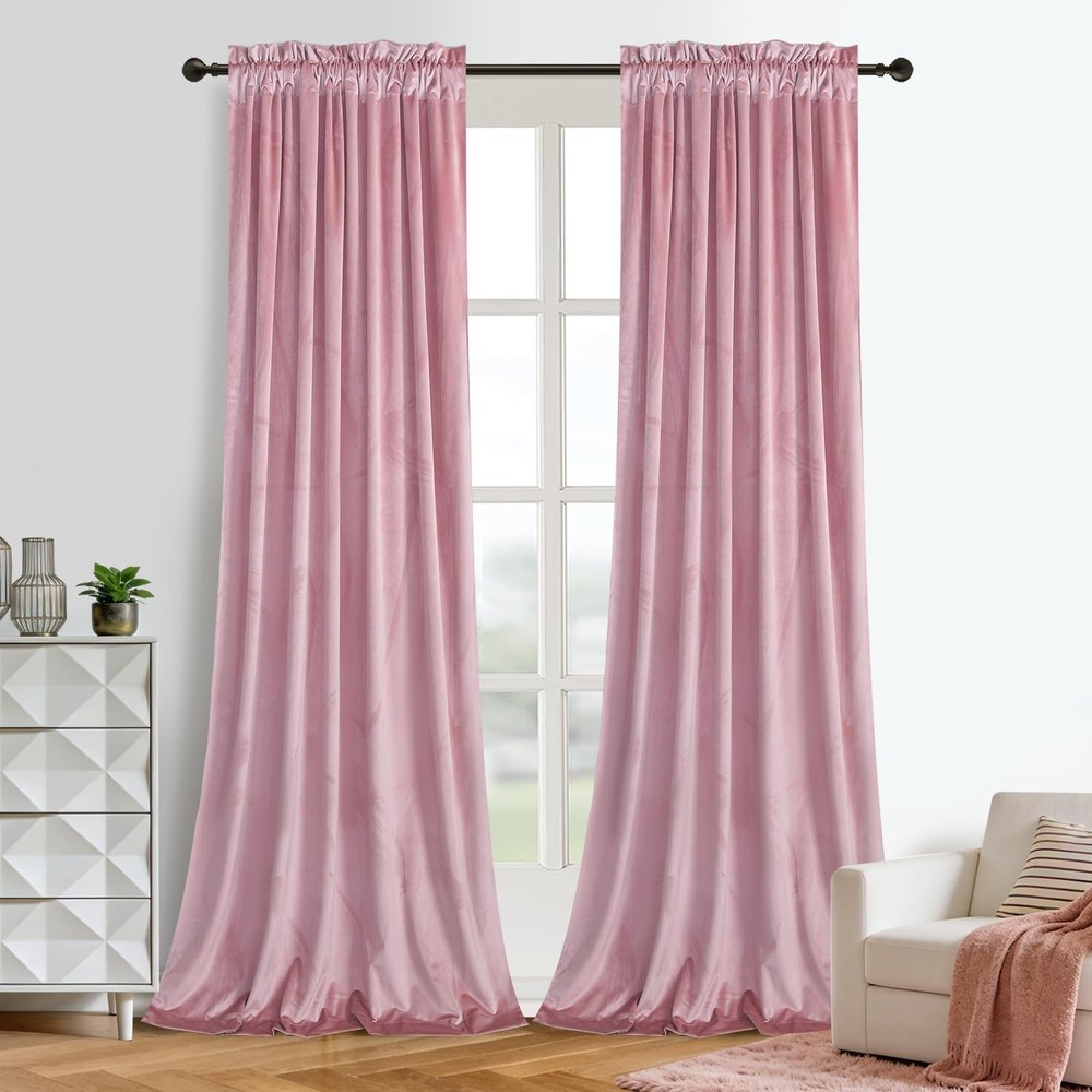 Roslynwood Velvet Blush Pink Curtain 84 inches Long – Curtains Thermal Insula…