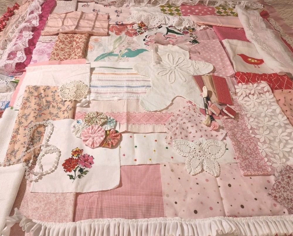 85+ Linens&Fabric Pieces Ribbon Trim Lace ForCrafts Slow Stitching Junk Journals