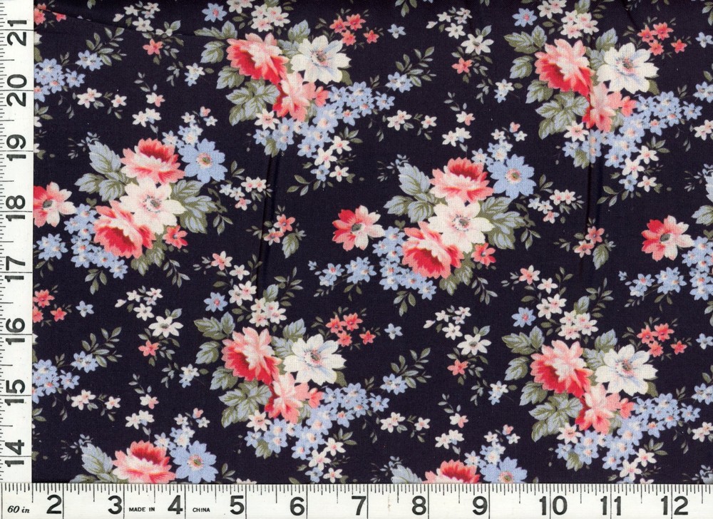 Red Roses with White & Blue Flowers Quilting Sewing Fabric by Yard #1146
