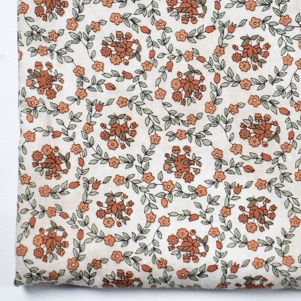 Brown Green Floral Circles Quilting Cotton Fabric 15×42 Lovely Primitive