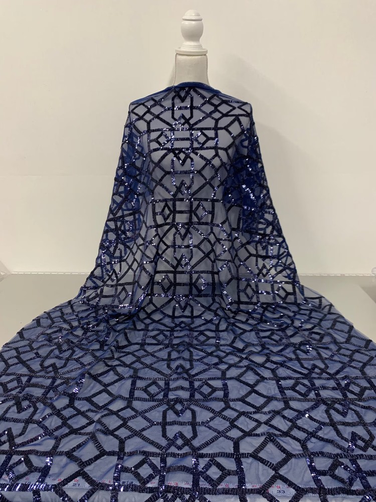 Meredith NAVY BLUE Trellis Pattern Sequins on Mesh Lace Fabric by the Yard – 10