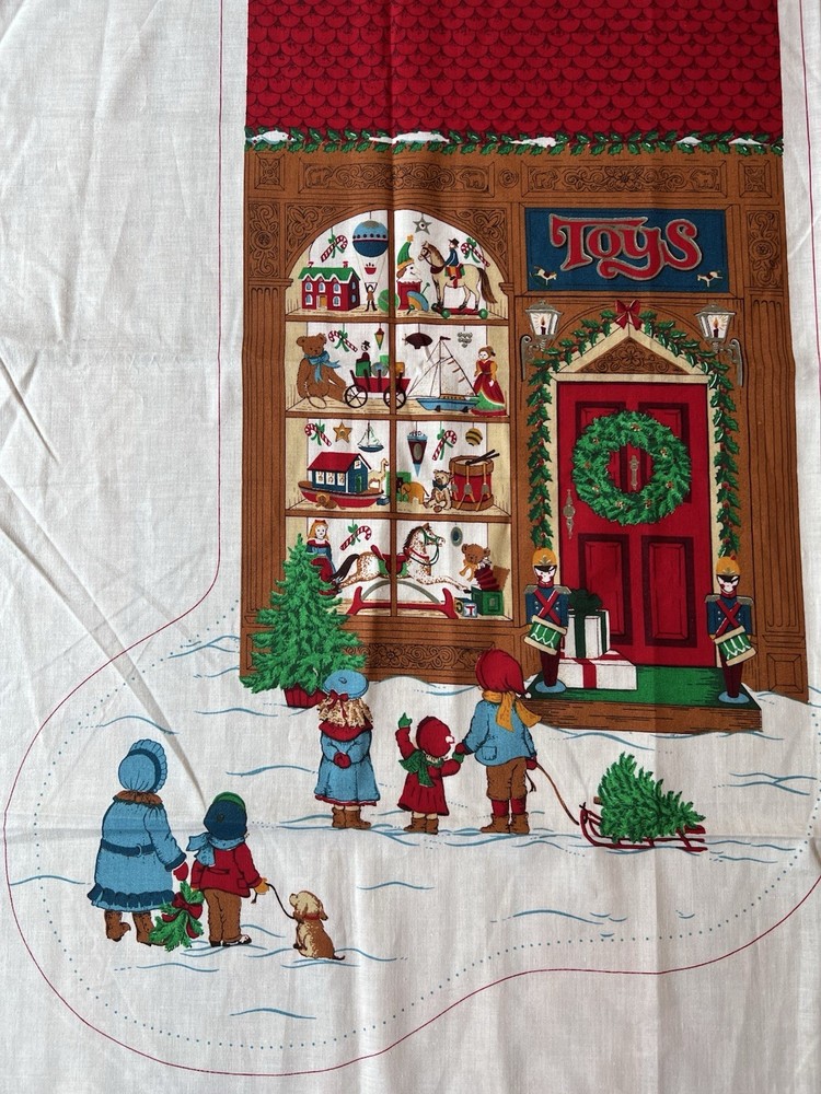 Vtg Cranston JUMBO Christmas Stocking Cut & Sew Fabric Panel TOY STORE Toyland