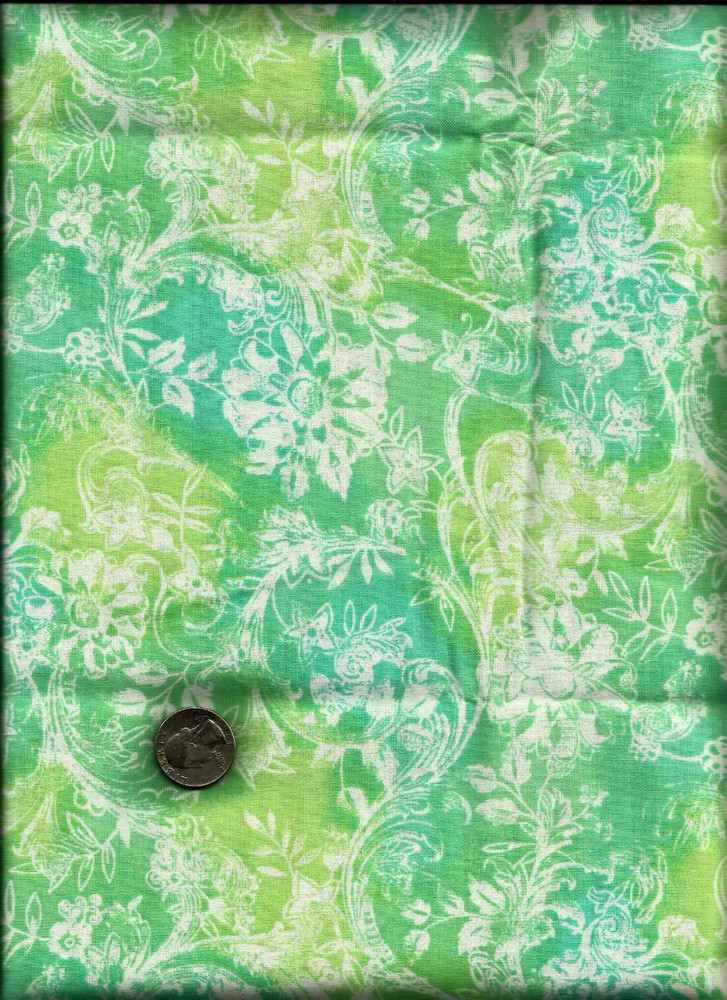“Flourish” Lacy Floral Print cream lime on pale green/aqua Fabric by A.E. Nathan