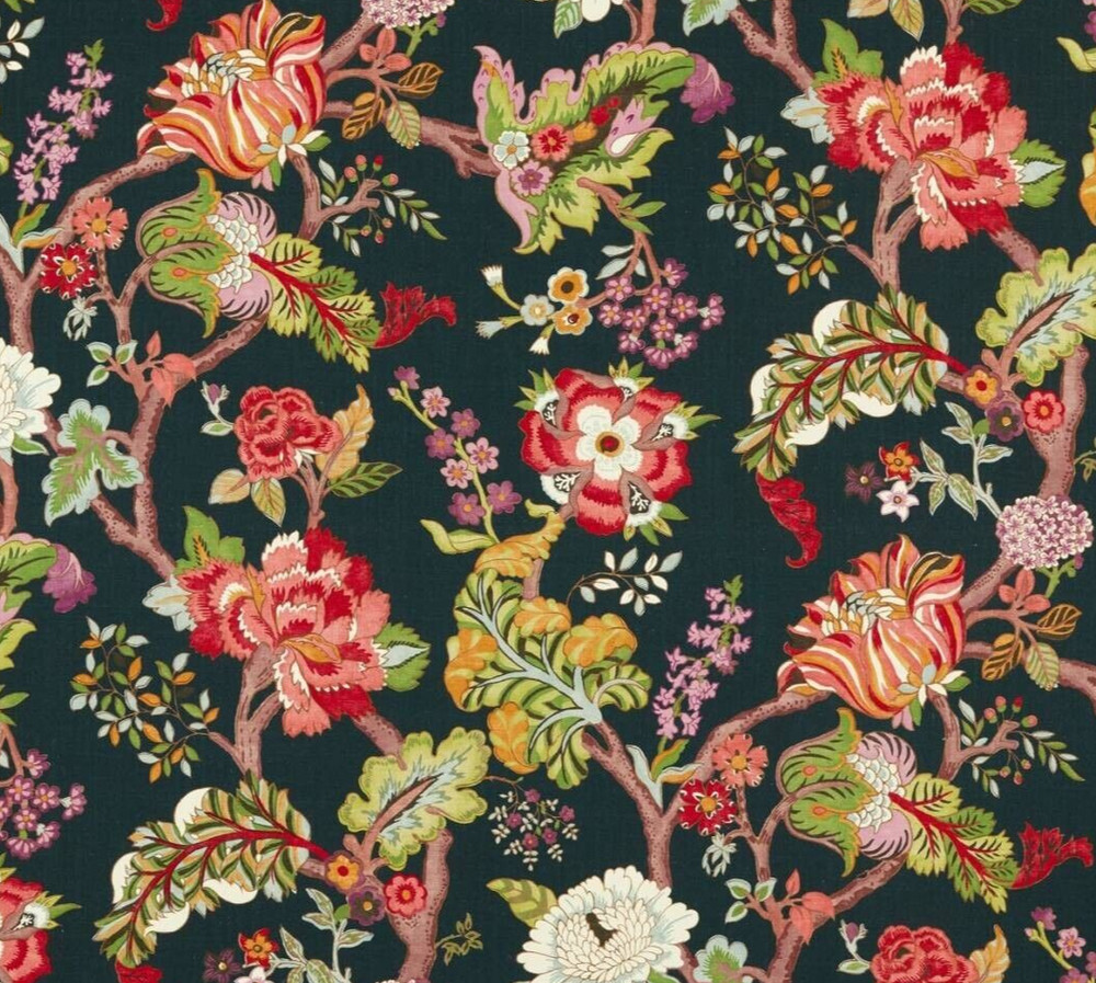 SANDERSON CURTAIN FABRIC “Fusang Tree” 3.5 METRES INK BLACK/MULTI 100% LINEN