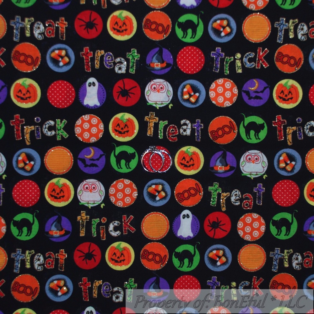 BonEful Fabric FQ Cotton Quilt Black Orange Pumpkin Glitter Polka Dot Stripe Boy