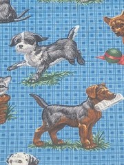 1 5/8 yds VTG Dogs Cats Kittens Puppies Blue Novelty Fabric Cotton Blend
