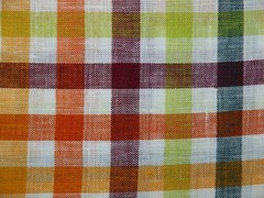 Linen Fabric; cheery bright check pattern, multi-color; 57″ wide; many uses!