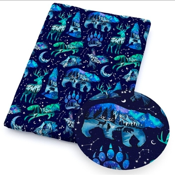 Northern Lights Bear Deer Alaska 100% Cotton fabric 12″x55″ 1297620 REMNANT