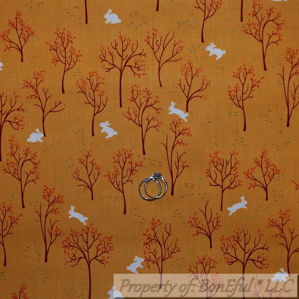 BonEful FABRIC FQ Cotton Quilt Orange Brown Scenic Bunny Rabbit Forest Tree Wood