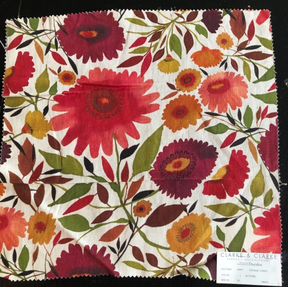 CLARKE & CLARKE Zinnias in Autumn 17 1/2 x 17 3/4″ Linen Floral Fabric Sample