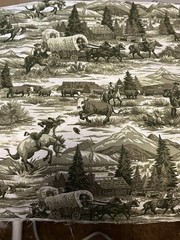 Western Scene Fabric 13” X45 Wagons Horses Cowboys Browns And White