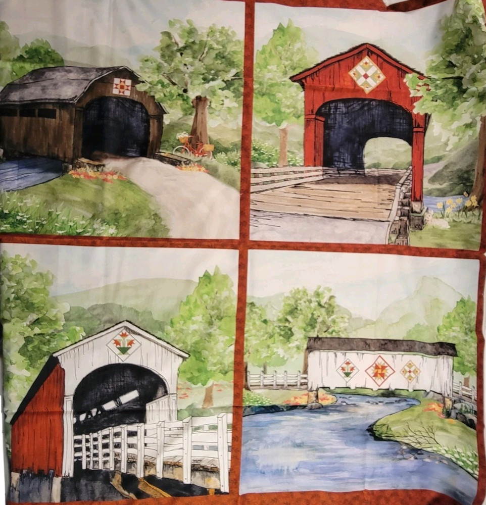 Fabric Panel – Covered Bridges Barn Art Quilt Blake Designs Wall Crafts 34×42″