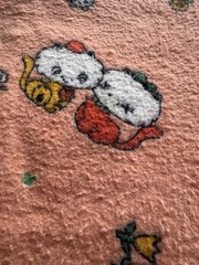 Vintage Kawaii Cat Flannel Fabric Peach Novelty Print 38 x 34 Quilt Sewing Craft