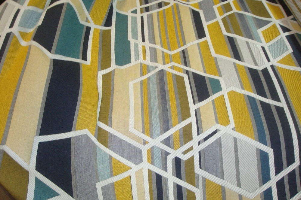 1 of 12 yds MAHARAM Fabric Agency Citrus Geometric Upholstery Blue Gold 54″w bty