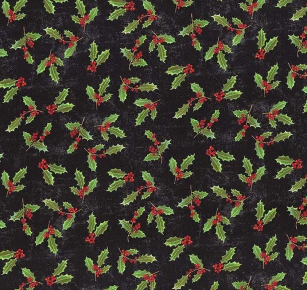 Christmas Touch of Splendor Holly on Black 100% Cotton Price per Yard