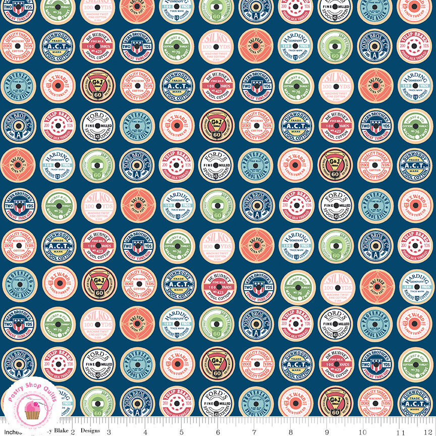 Riley Blake SEW MUCH FUN 12454N Navy Blue Thread Spools Quilt Fabric