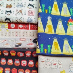 Japanese Cat Fabric Bundle 5pcs 50cm 20″ Kokka Cotton Cute Sushi UFO Daruma