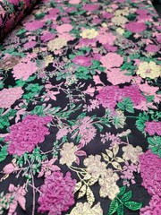 FUCHSIA PINK GOLD Floral Brocade Fabric Sold By The Yard Green Leaves For Dress
