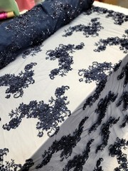 Navy Blue 3D Floral Embroidered With Rhinestones Mesh 3d Lace Fabric By The Yard