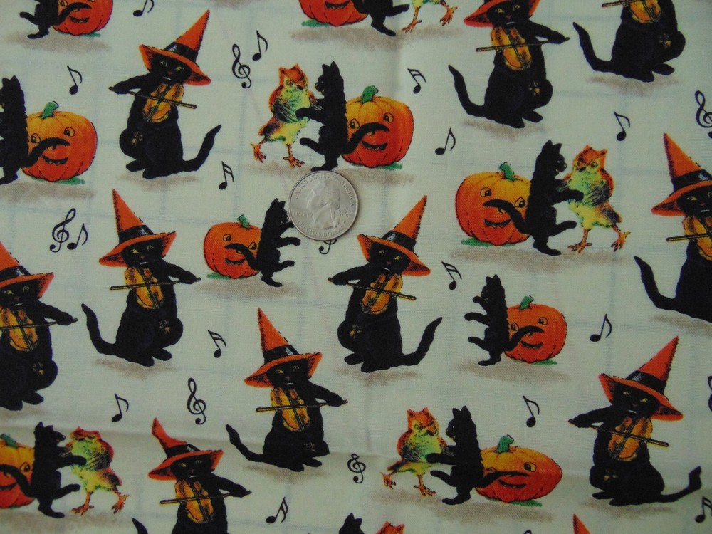 Edelen Wille for Marcus Fabrics black cat playing fiddle dancing w owl 36X44 in