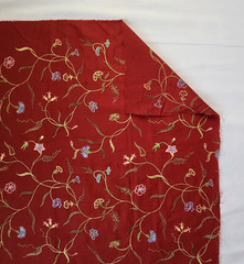 Floral Embroidered Dark Red Fabric 57×36 Remnant Stylized Flowers Lightweight