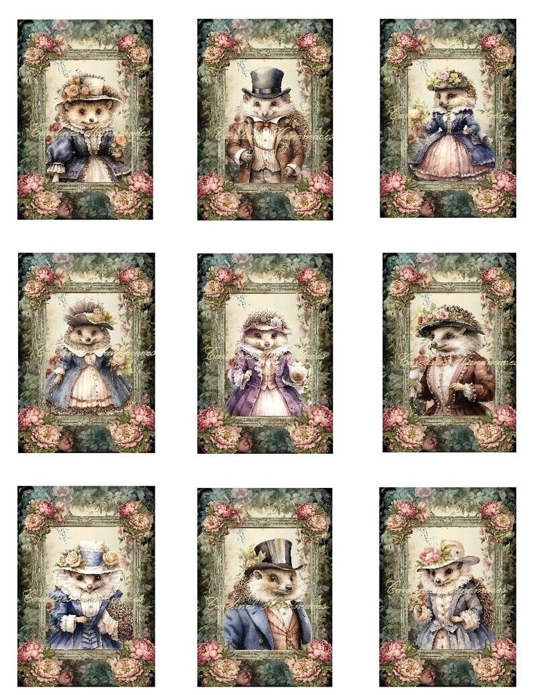 Vintage Victorian Dressed Hedgehogs MULTI-SIZE SET Cotton Fabric Quilt Blocks