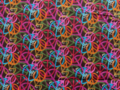 Groovy Peace Symbols Fabric; Brown with Orange, Pink, Green, Red, Yellow. BTHY