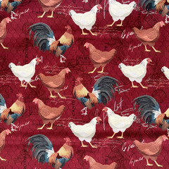 Novelty Prints Roosters on Red Cotton Fabric – 1.75 yds x 44″