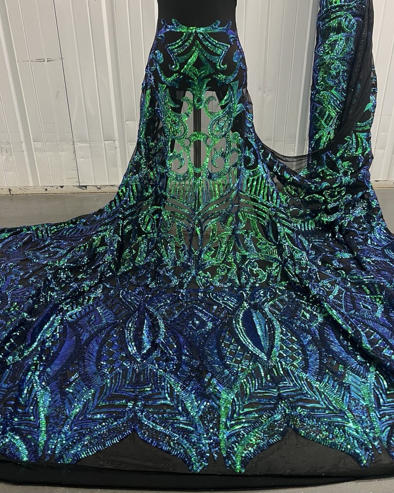Green Blue Black Iridescent 4way stretch sequins fabric 50” Width 1 Yard