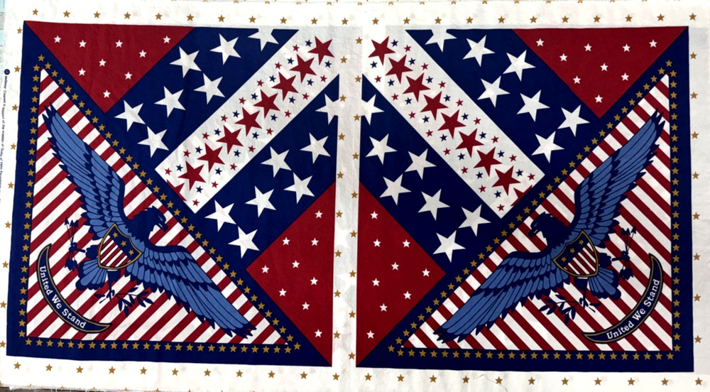Patriotic United We Stand Red White Blue Star Stripes Fabric Panel 42″x23″ #69