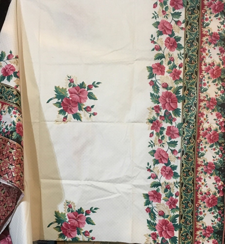 Pink Red Flowers White Background Border Cotton Fabric For Tablecloth Chintz 2 Y