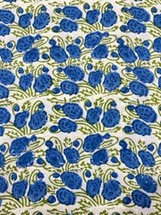 Cotton Fabric Sanganeri Indian 5 Yard Hand Block Print Pure Running Blue Floral