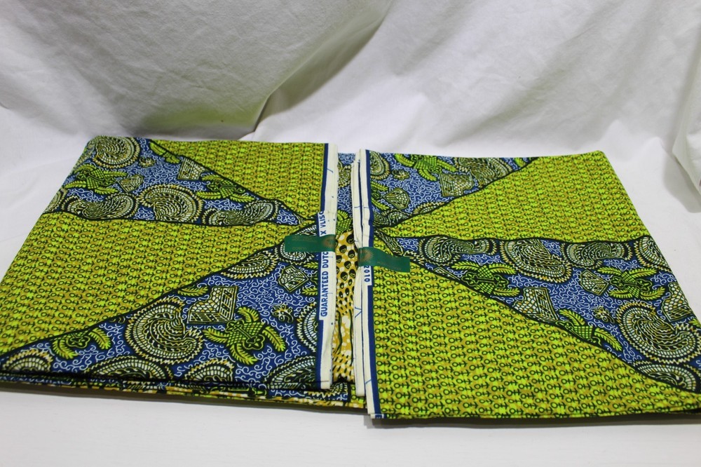 African Print Wax Cotton Satin Fabric 6 Yards Green, Blue, Yellow