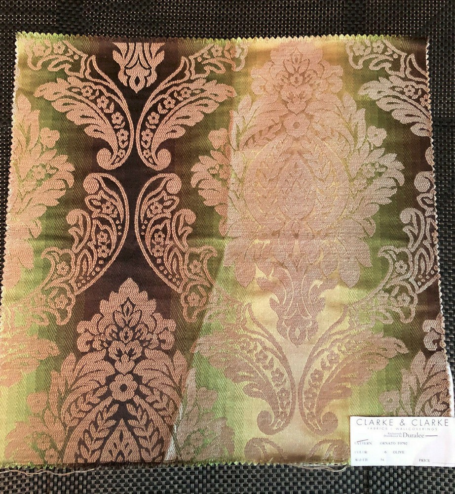 CLARKE & CLARKE Ornato Jewel in Olive 17 1/2 x 17 3/4″ Damask Fabric Sample