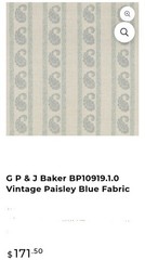 G P & J Baker Vintage Paisley Blue Fabric 2 Yards