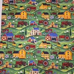 Farmland, Green, Cheryl Bartley Print, Cotton, 4 YARDS, Tractors, Barns, Cows,