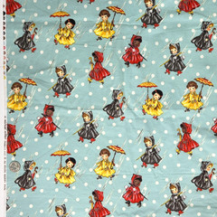 “Sweet Rain” Michael Miller Retro Girls Umbrellas Polka Dots Flannel Fabric BTY