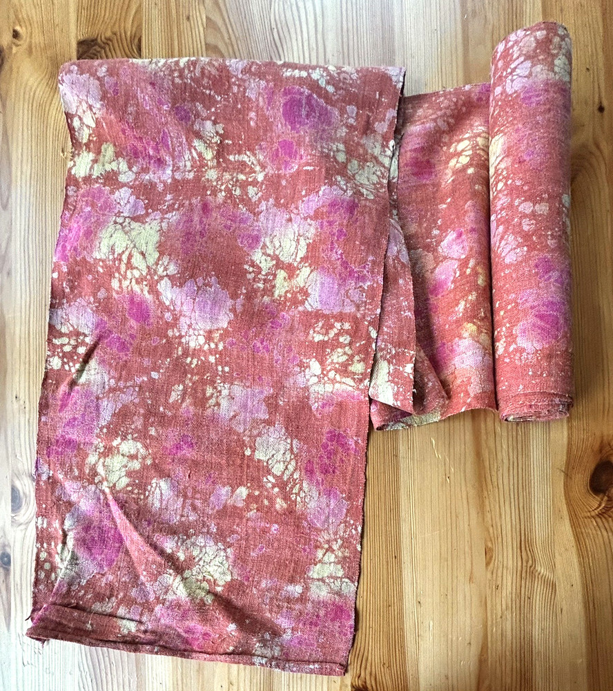 Vintage Hmong Hemp Fabric 4+ Yard Roll 13″ Hand Dyed Pink Yellow Batik Thailand