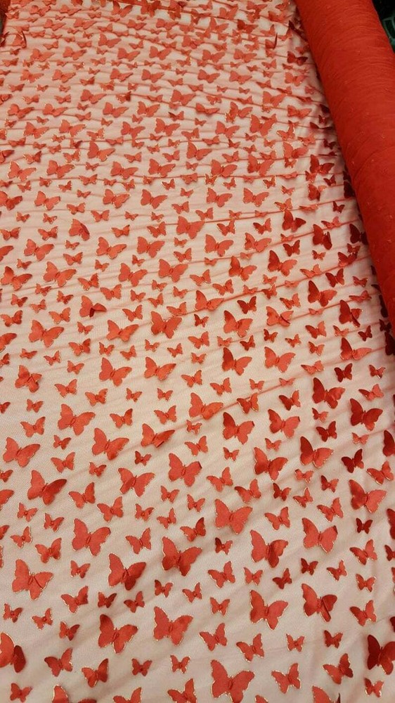 Red Embroidered Lace 3d Satin Butterflies Fabric By The Yard Gown Quinceañera