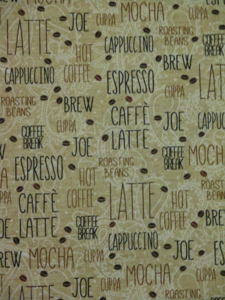 COFFEE WORDS SPECIALTY ESPRESSO CAFE LATTE CAPPUCCINO TAN COTTON FABRIC BTHY
