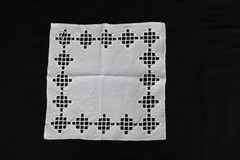 Vtg 24″ Square Tea Tablecloth & Napkin with Catwork Embroidery, Stained